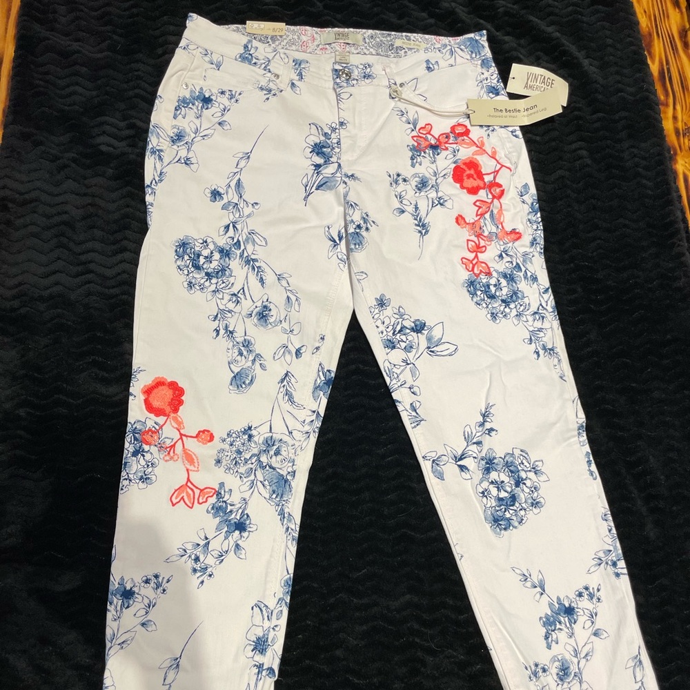 Vintage America Blues Womens Bestie Jeans White Blue w/Coral Flowers NWT